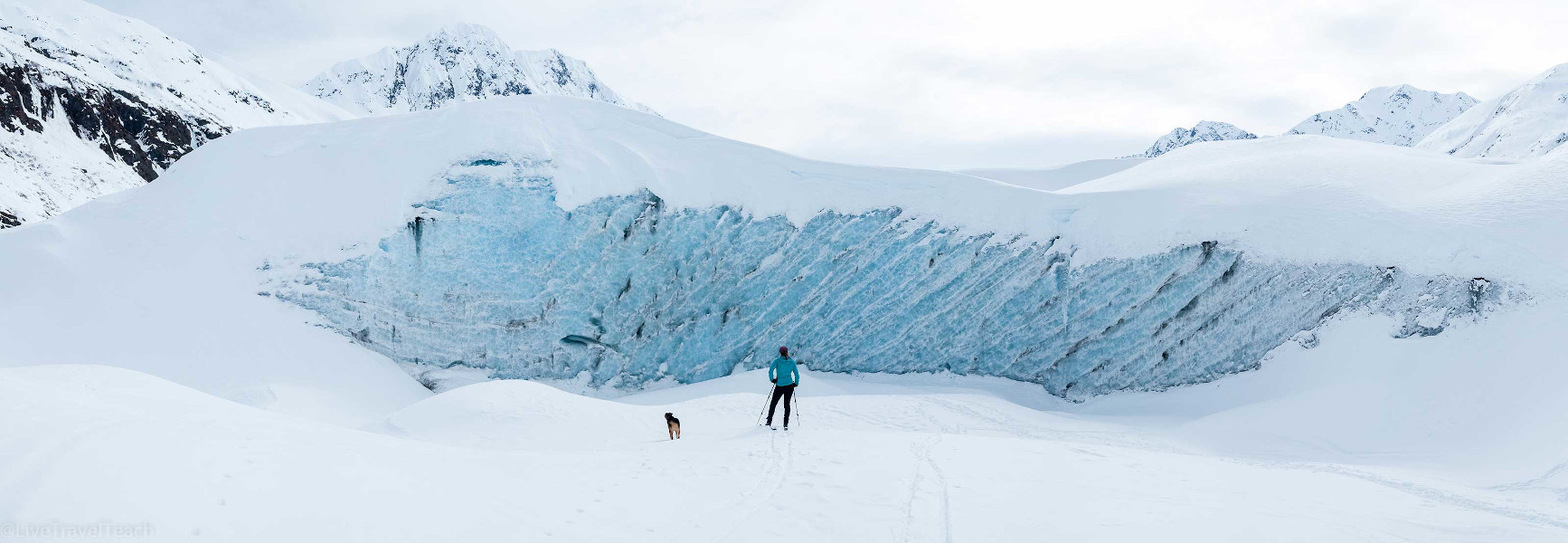 Elizabeth and Theo skiing to Skookum Glacier - panorama - Unforgettable Alaskan Adventures